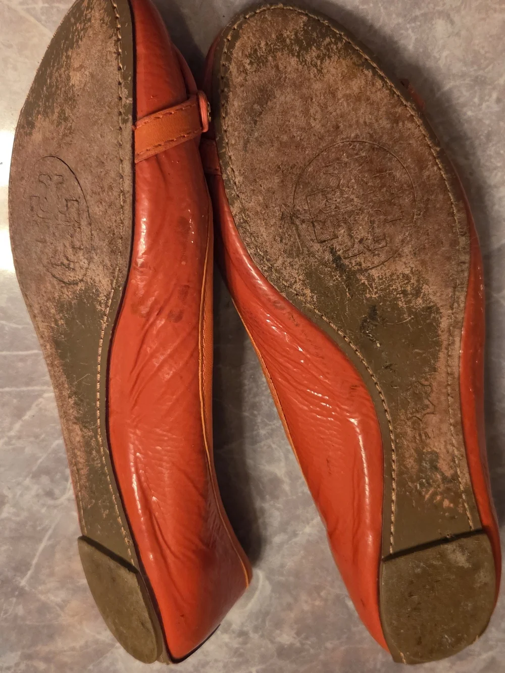 Tory Burch Orange Patent Leather Logo Ballet Flats